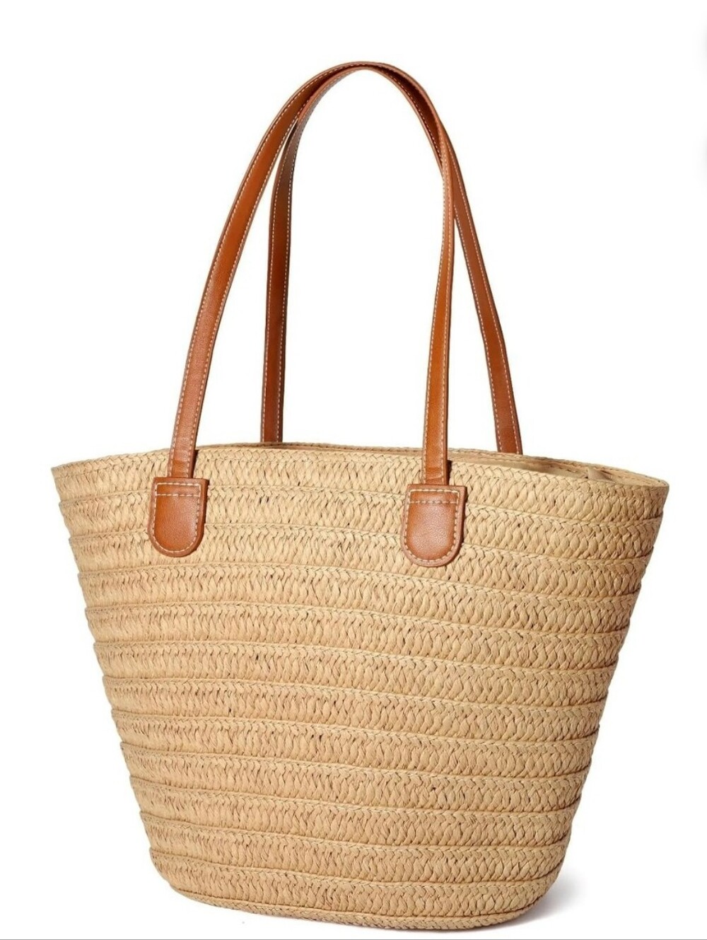 Woven Straw Tote Bag With Tan Handles - Classic Summer Carryall